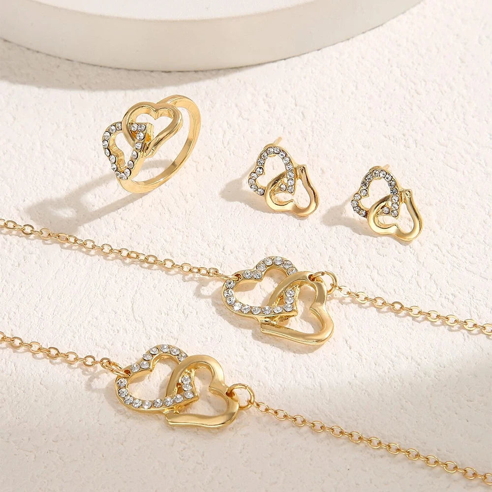 Elegant Gold Rhinestone Heart Shaped Jewelery Set