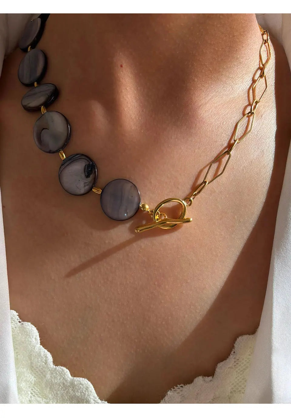 Stainless Steel Grey Round Natural Shell Bracelet Necklace Jewelry Set