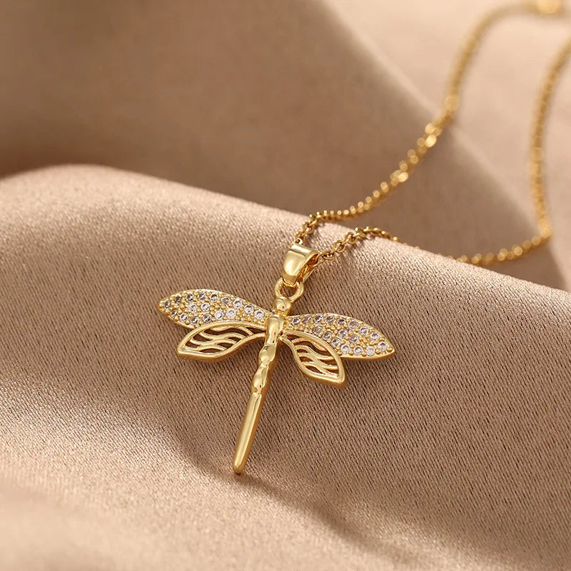 Stainless Steel Gold Color Dragonfly Wings Necklaces For Women