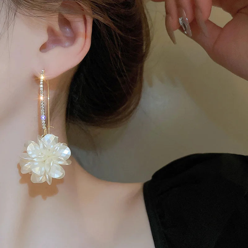 Korean Exquisite Rhinestone Long White Flower Pearl Drop Earrings