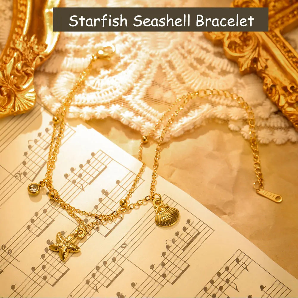 Stainless Steel Starfish Seashell Charms Bracelet