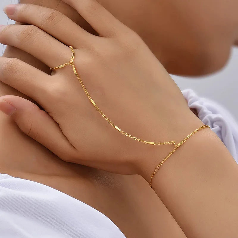 14k Gold Plated Zircon Hand Chain Ring Bracelet