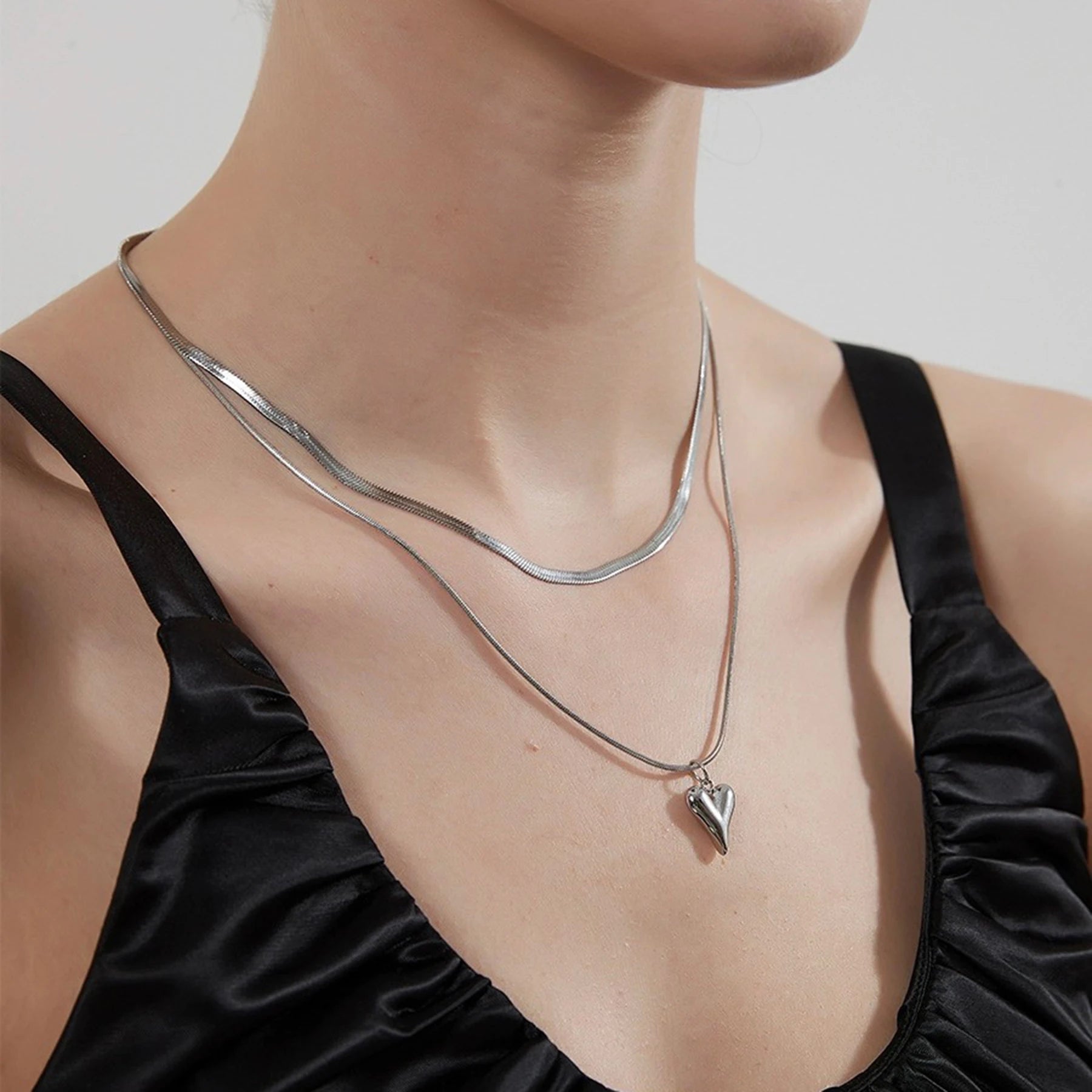 Stainless Steel Heart Pendant Double-layer Necklace Jewelery Set