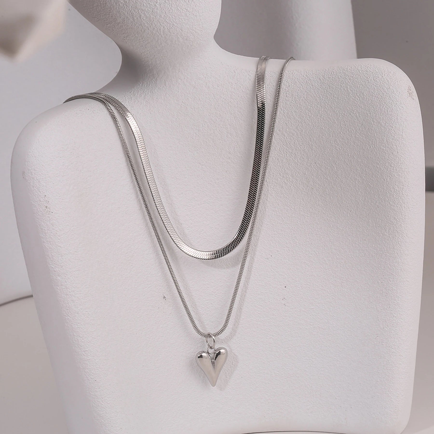 Stainless Steel Heart Pendant Double-layer Necklace Jewelery Set