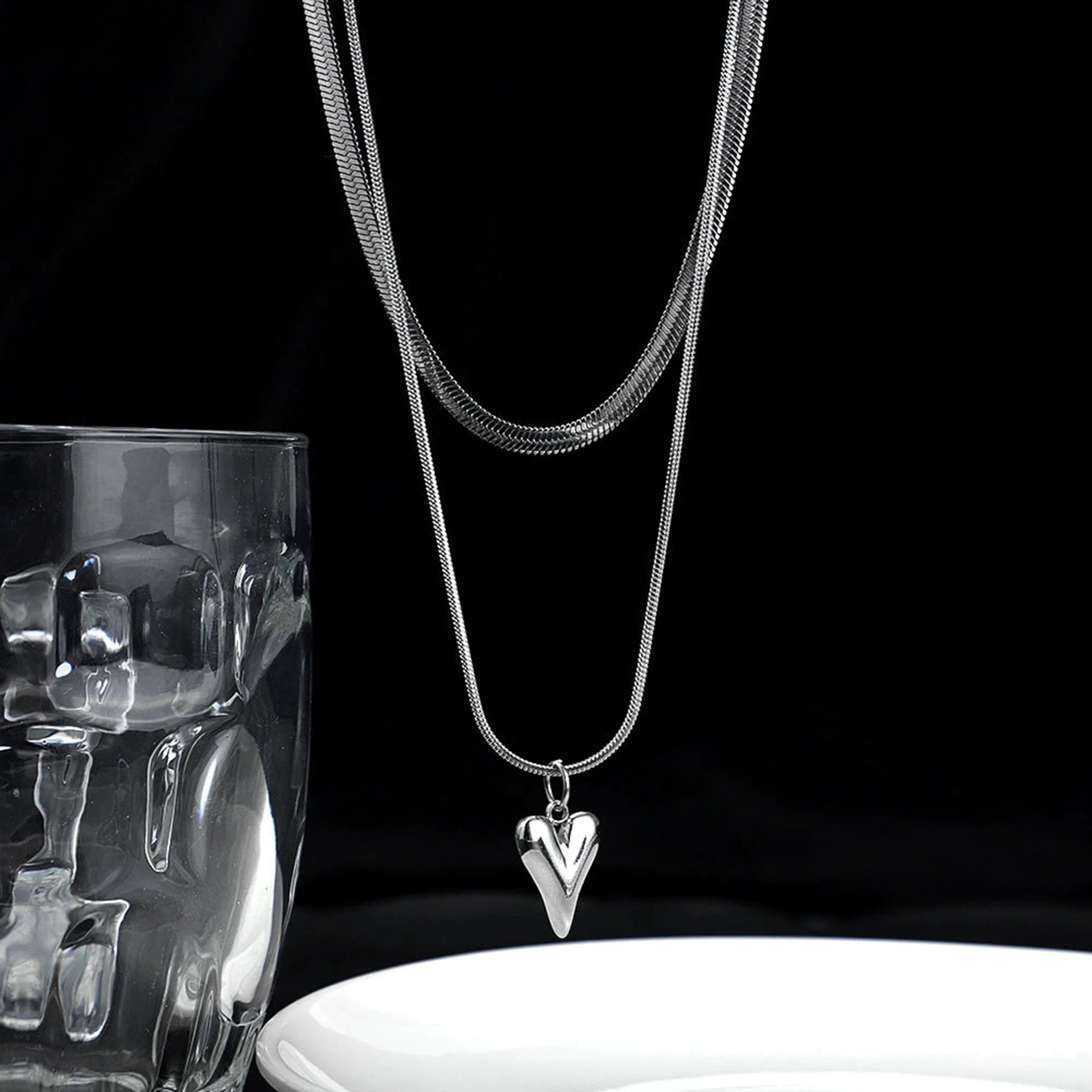 Stainless Steel Heart Pendant Double-layer Necklace Jewelery Set