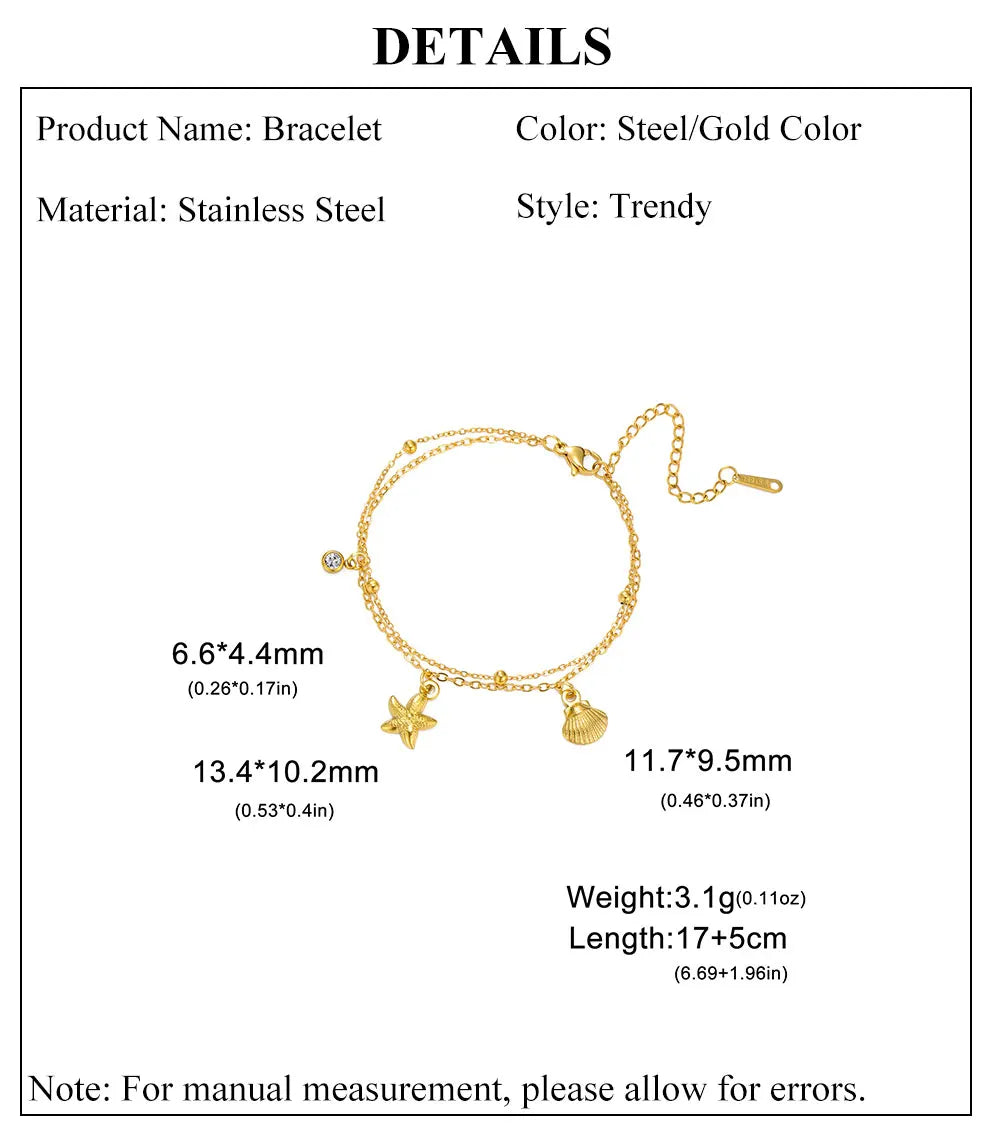 Stainless Steel Starfish Seashell Charms Bracelet