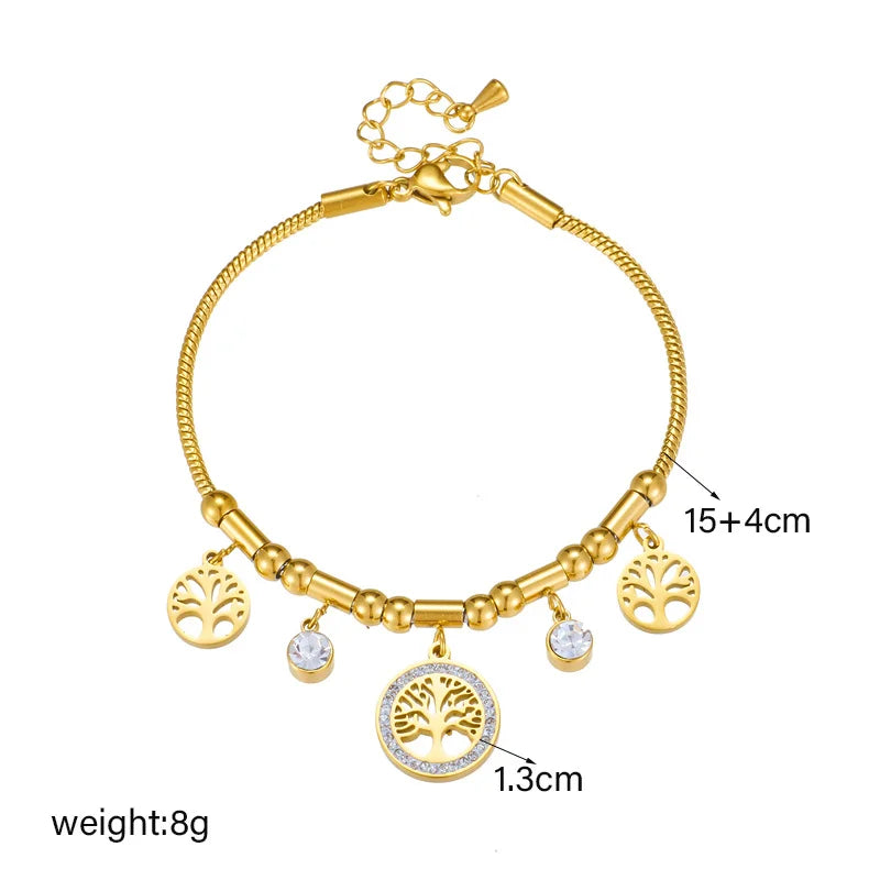 Elegant Gold Color Stainless Steel Tree of Life Charms Bracelet w/ Shiny Zircon Stone