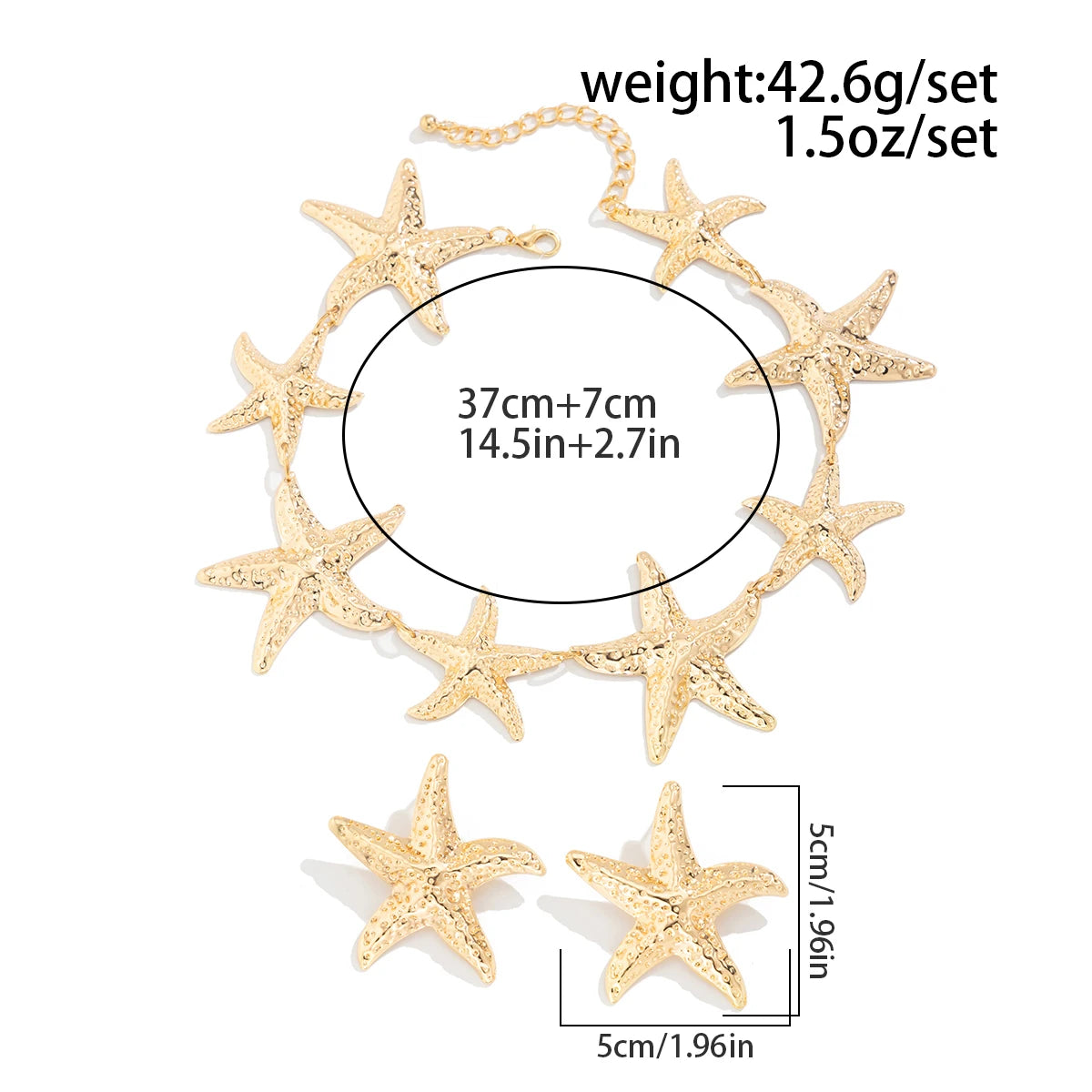 Vintage Large Metal Starfish Choker Necklace Drop Earrings Jewelry Set