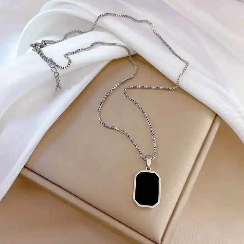 Korean Stainless Steel Rectangular Pendant Gold Silver Necklace