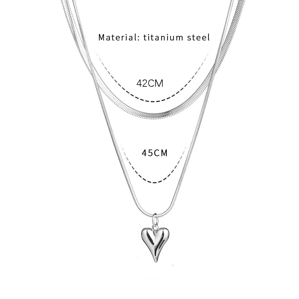 Stainless Steel Heart Pendant Double-layer Necklace Jewelery Set