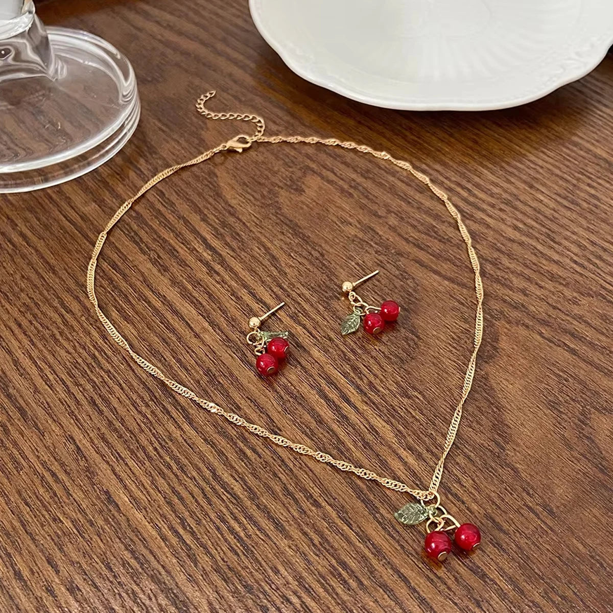 Gold Color Chic Red Cherry Necklace Dangle Earrings Jewelery Set