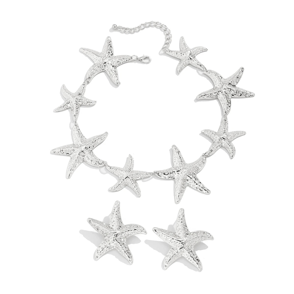 Vintage Large Metal Starfish Choker Necklace Drop Earrings Jewelry Set
