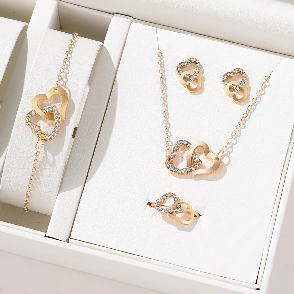 Elegant Gold Rhinestone Heart Shaped Jewelery Set