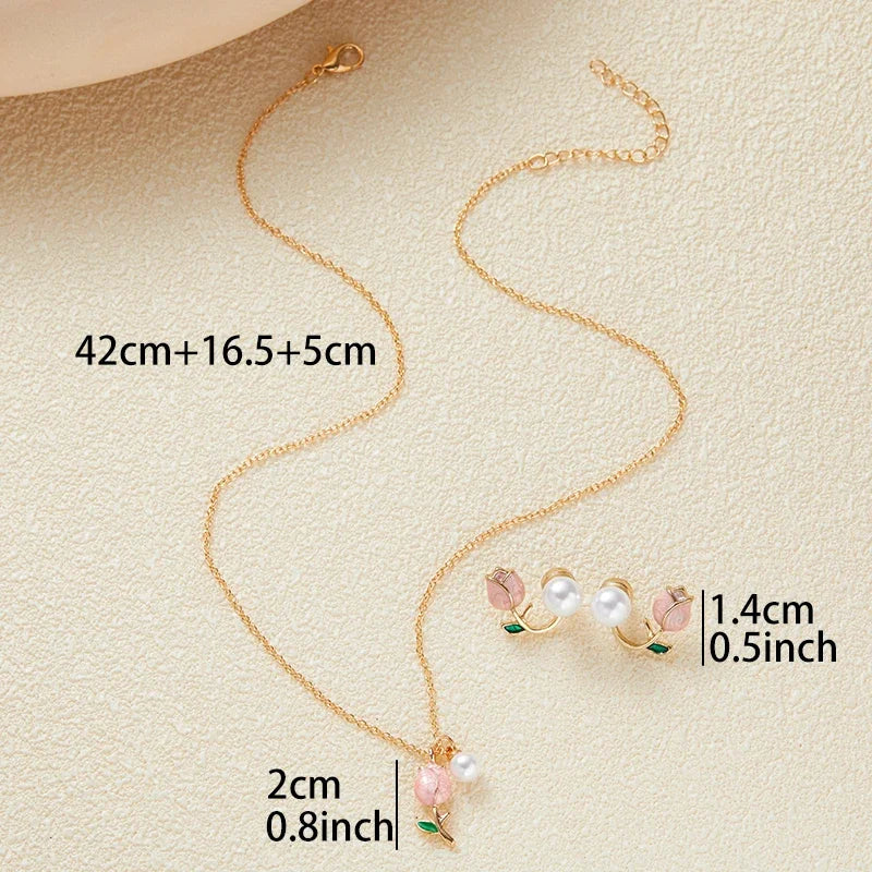 Pink Tulip Necklace Earrings Jewelery Set