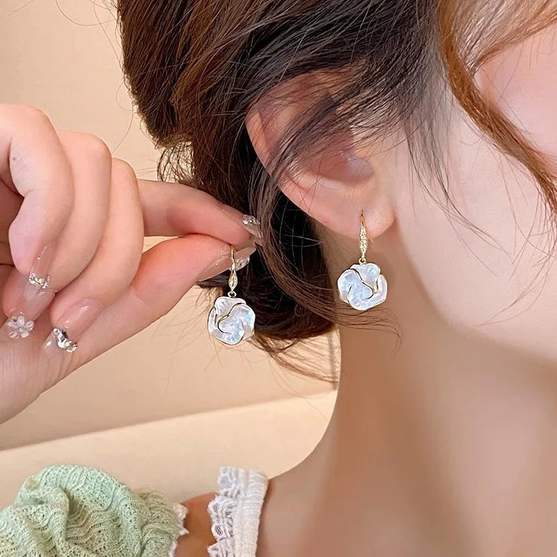 Korean Golden Rimmed Flower Drop Earrings