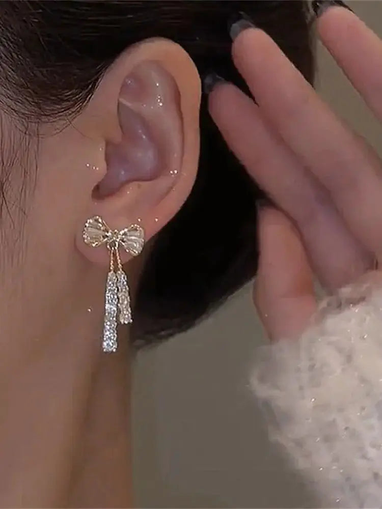 Fashion Zircon Bow Earrings Acrylic Crystal Tassel Earrings