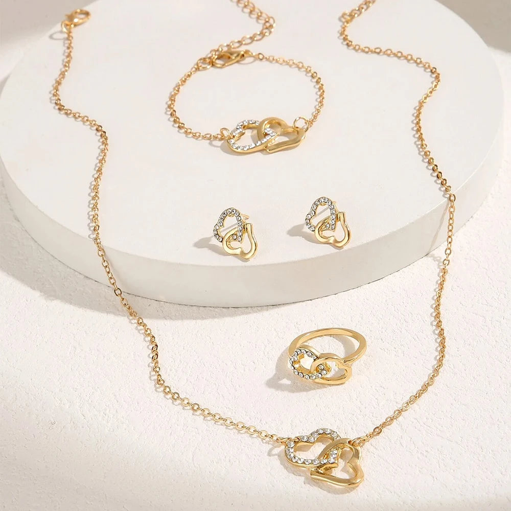 Elegant Gold Rhinestone Heart Shaped Jewelery Set