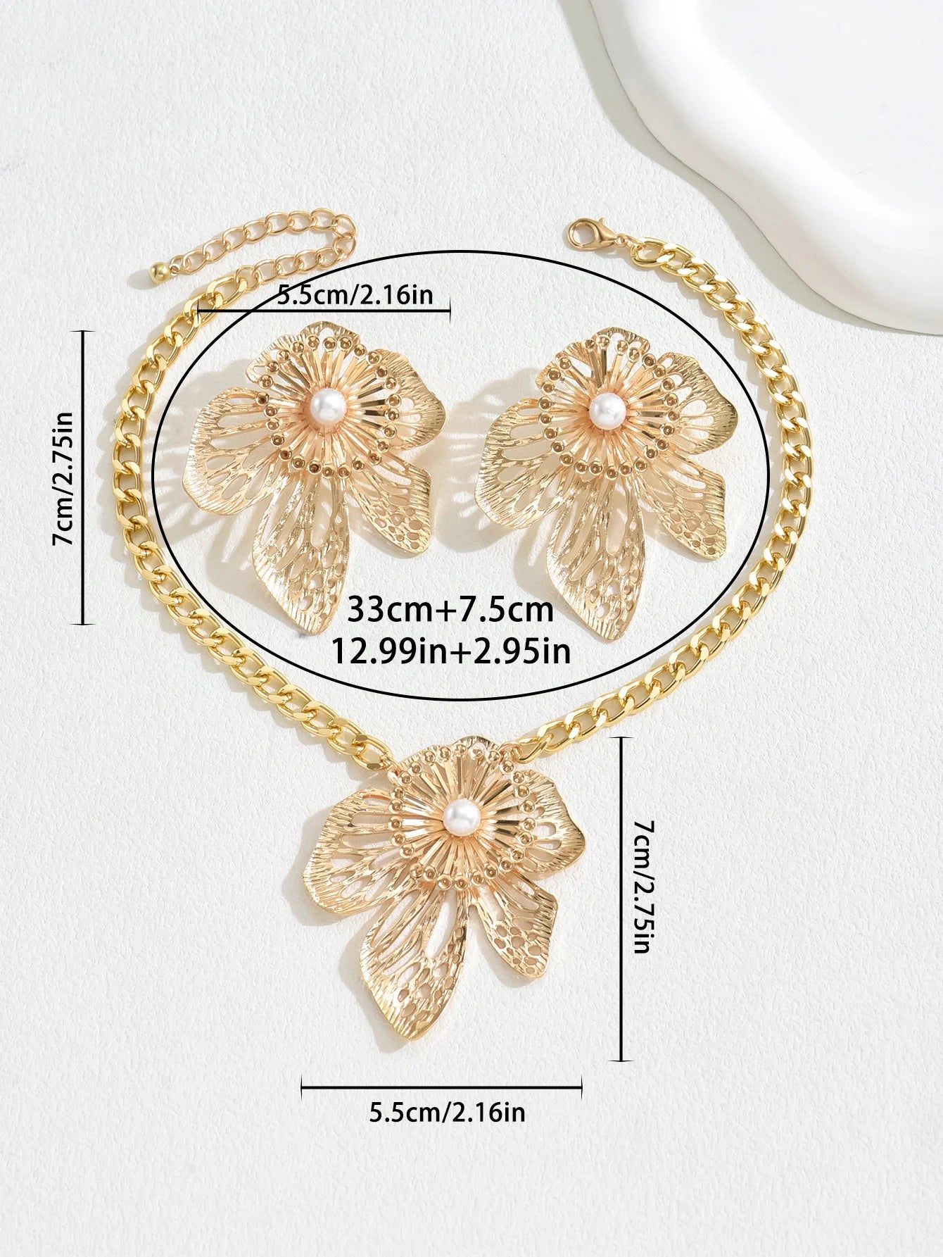 Gold Color Hallowout Stamping Big Flower Pearl Necklace Earrings Set