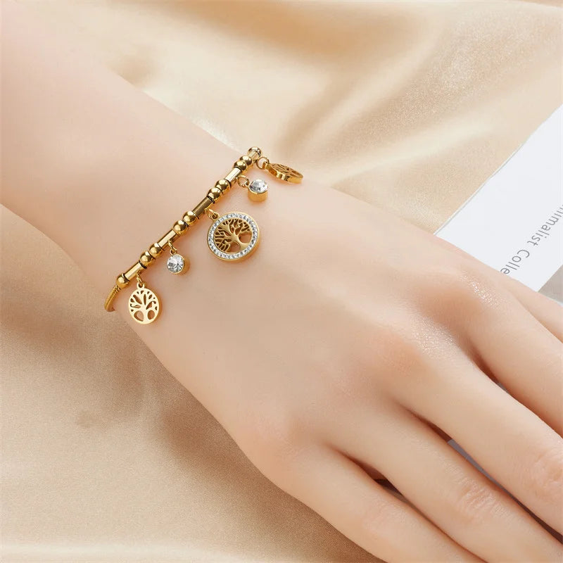 Elegant Gold Color Stainless Steel Tree of Life Charms Bracelet w/ Shiny Zircon Stone