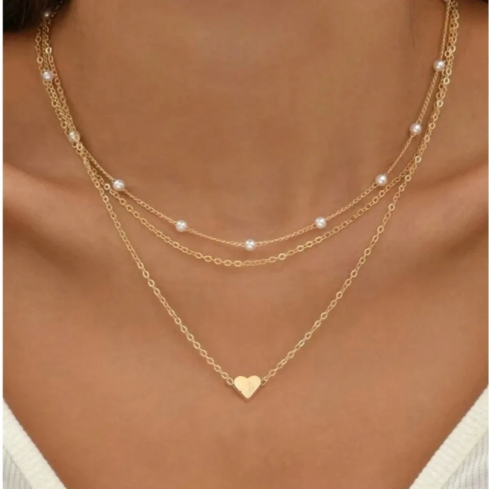 14K Gold Pearl Heart Pendant Necklace Set