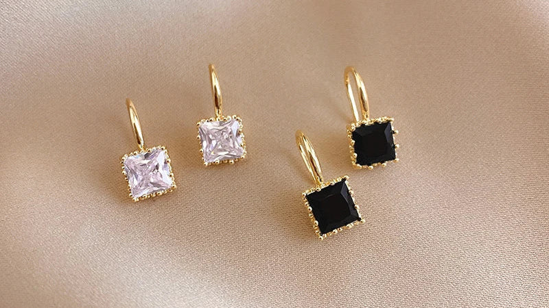 Square Crystal Stone in Gold Plated Hook Earrings