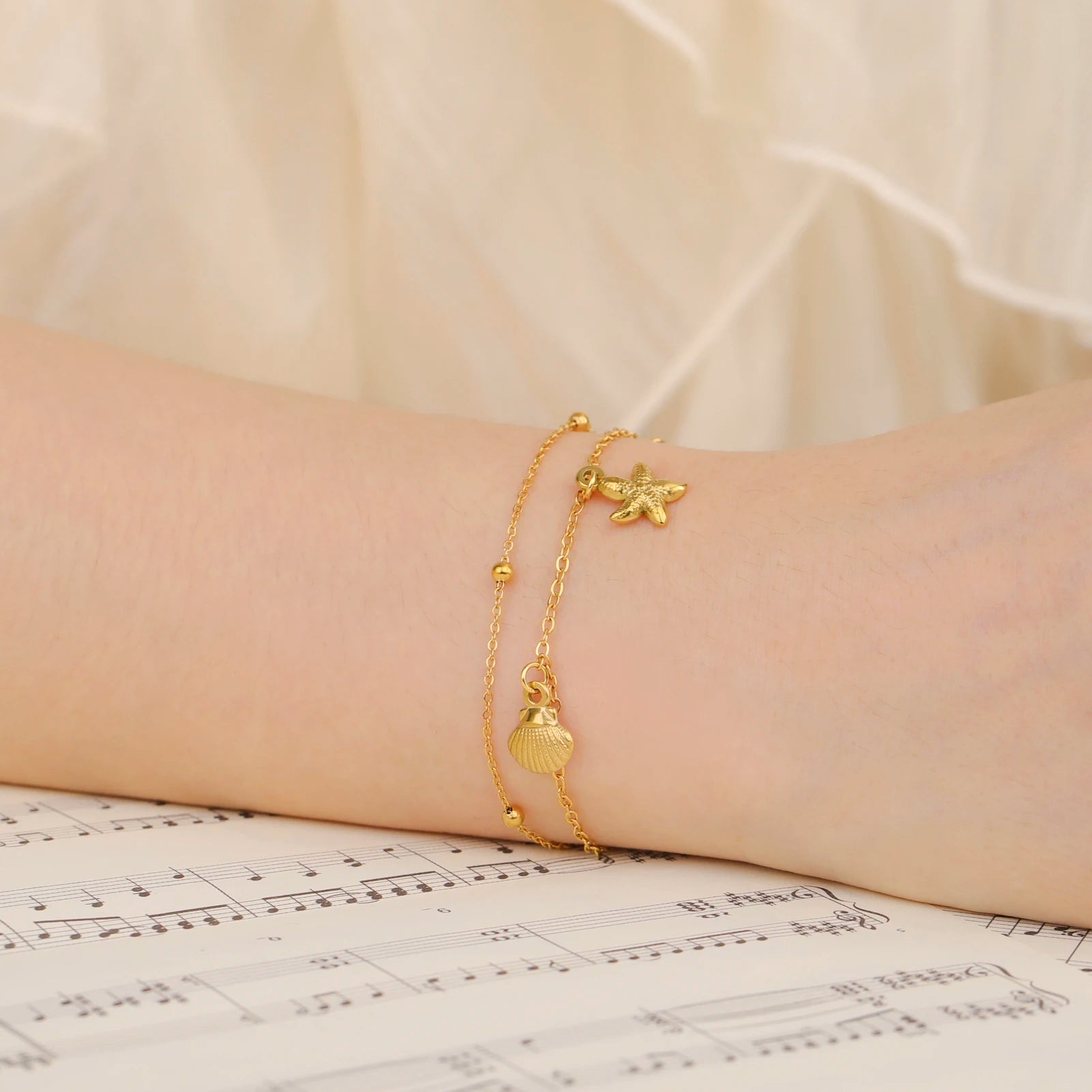 Stainless Steel Starfish Seashell Charms Bracelet