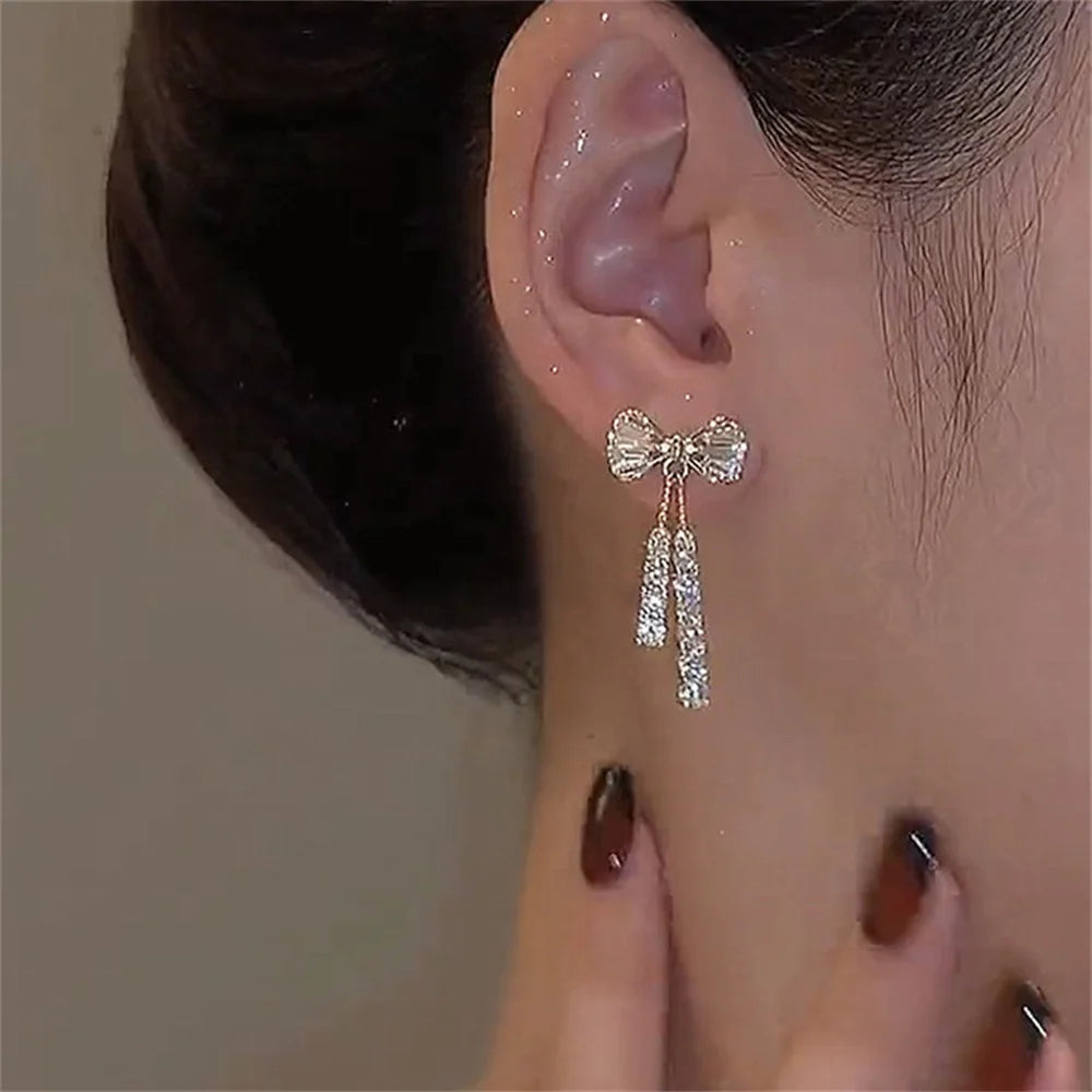 Fashion Zircon Bow Earrings Acrylic Crystal Tassel Earrings