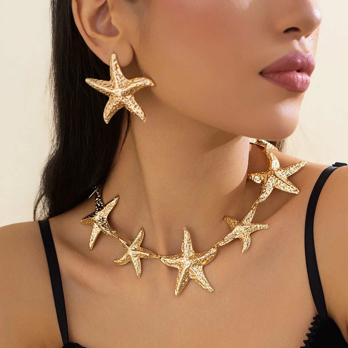 Vintage Large Metal Starfish Choker Necklace Drop Earrings Jewelry Set