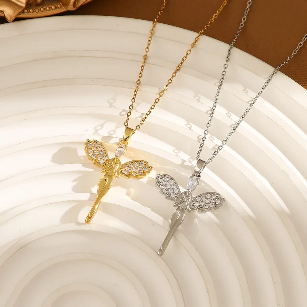 Stainless Steel Gold Color Dragonfly Wings Necklaces For Women