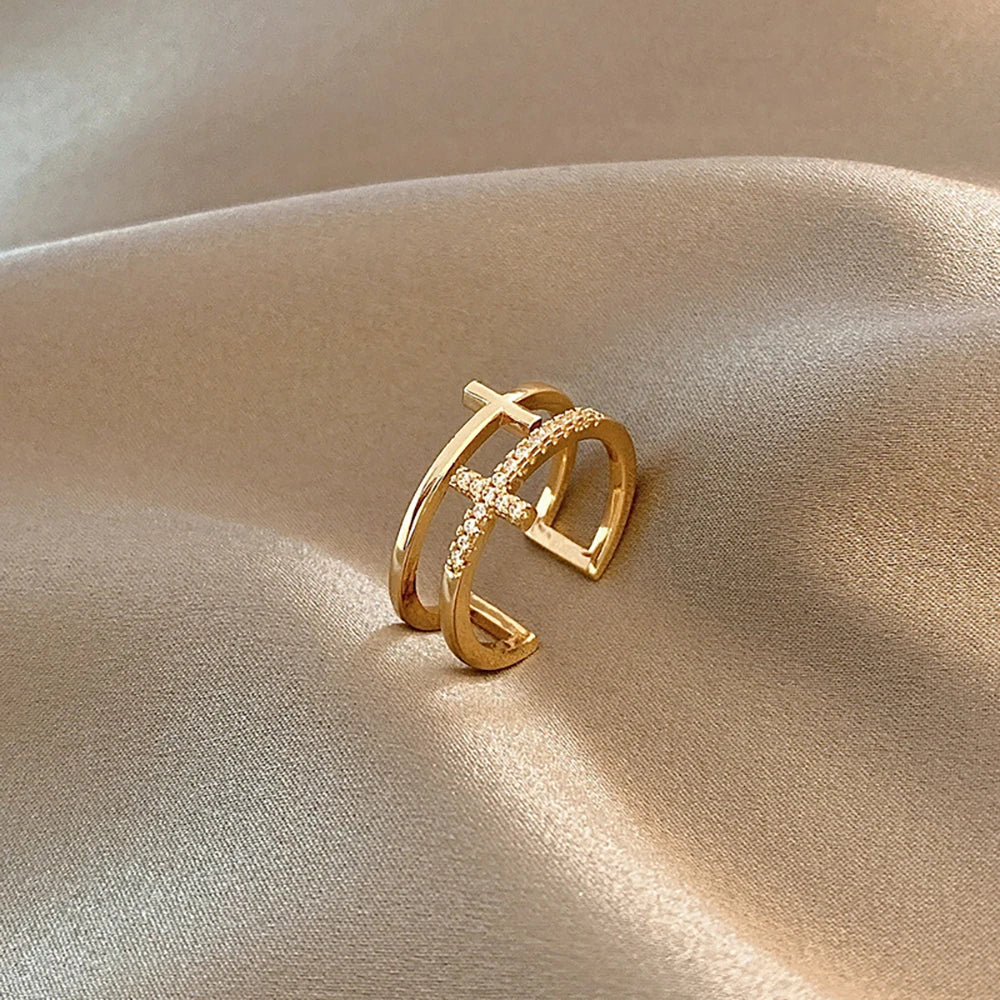 Gold Silver Double Layer Cross Open Adjustable Finger Rings