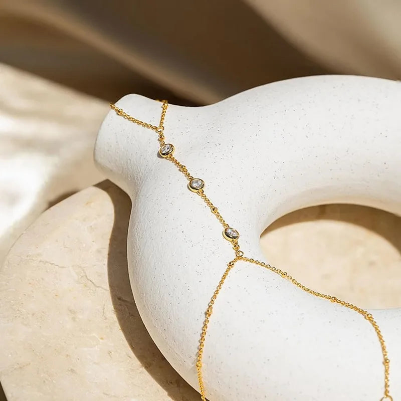 14k Gold Plated Zircon Hand Chain Ring Bracelet