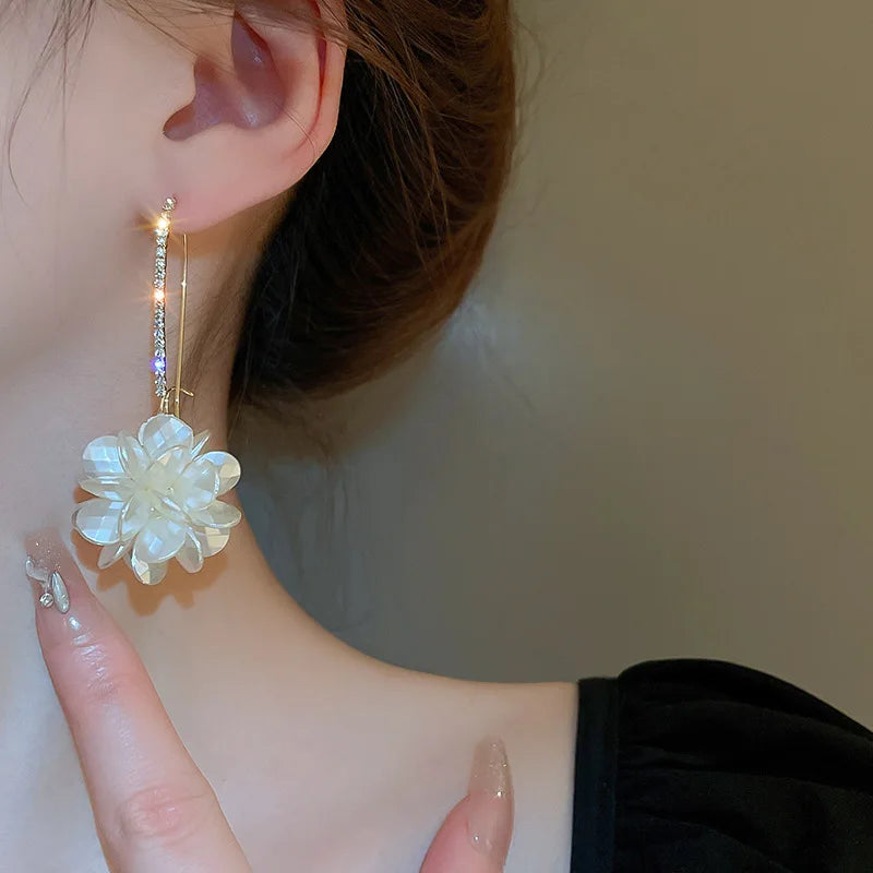 Korean Exquisite Rhinestone Long White Flower Pearl Drop Earrings