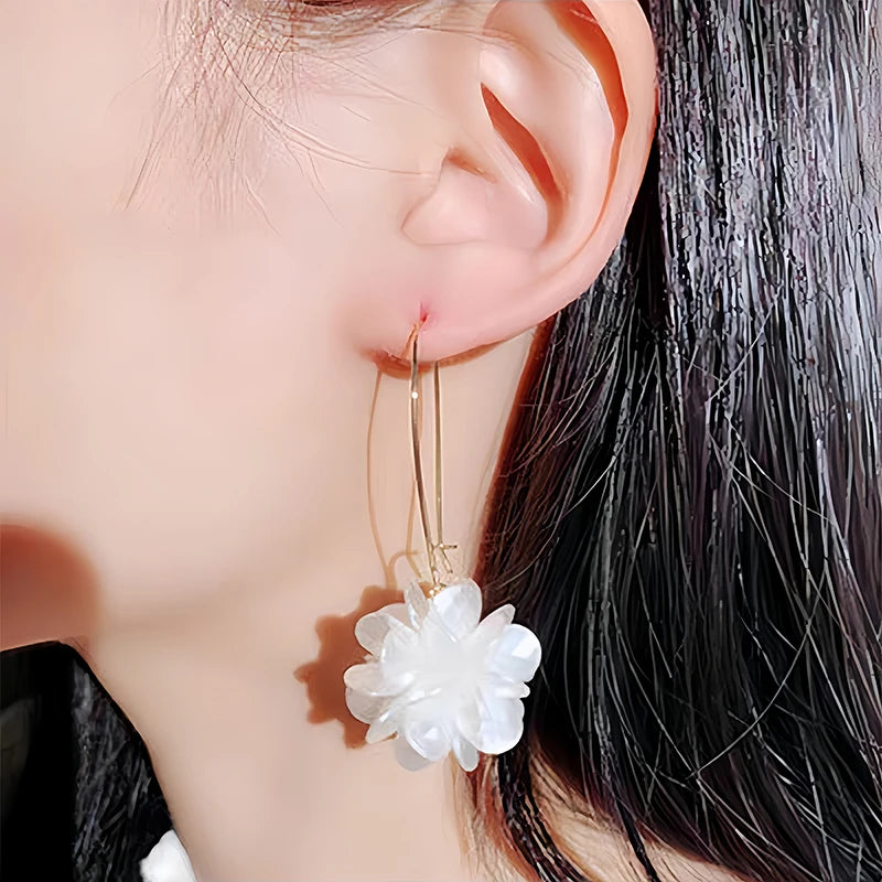 Elegant White Flower Pearl Dangle Earrings