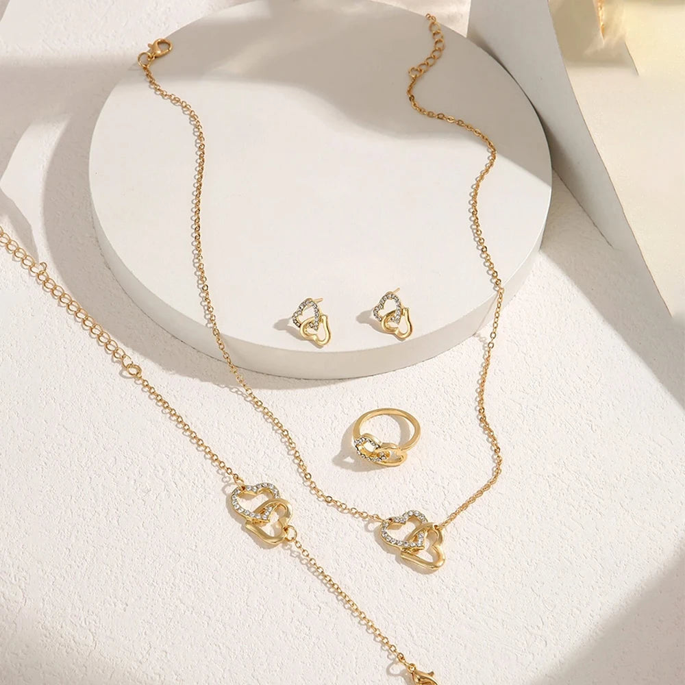 Elegant Gold Rhinestone Heart Shaped Jewelery Set