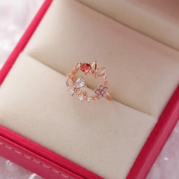 Crystal Zircon Flower Leaf Butterfly Adjustable Open Rings