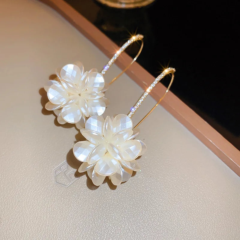 Korean Exquisite Rhinestone Long White Flower Pearl Drop Earrings