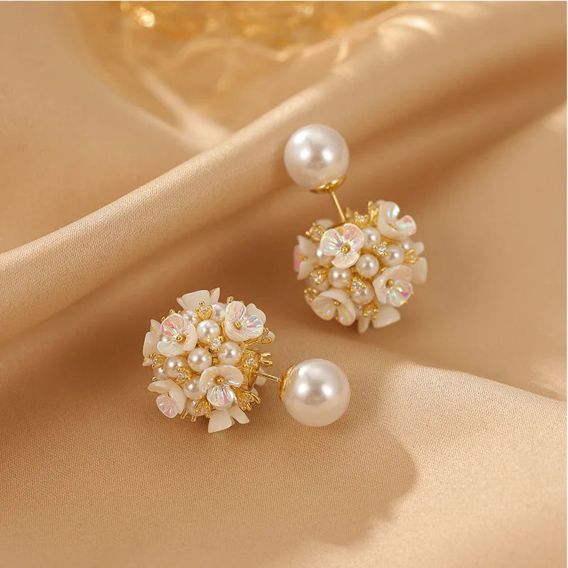 Elegant Double Side White Shell Pearl Stud Earrings