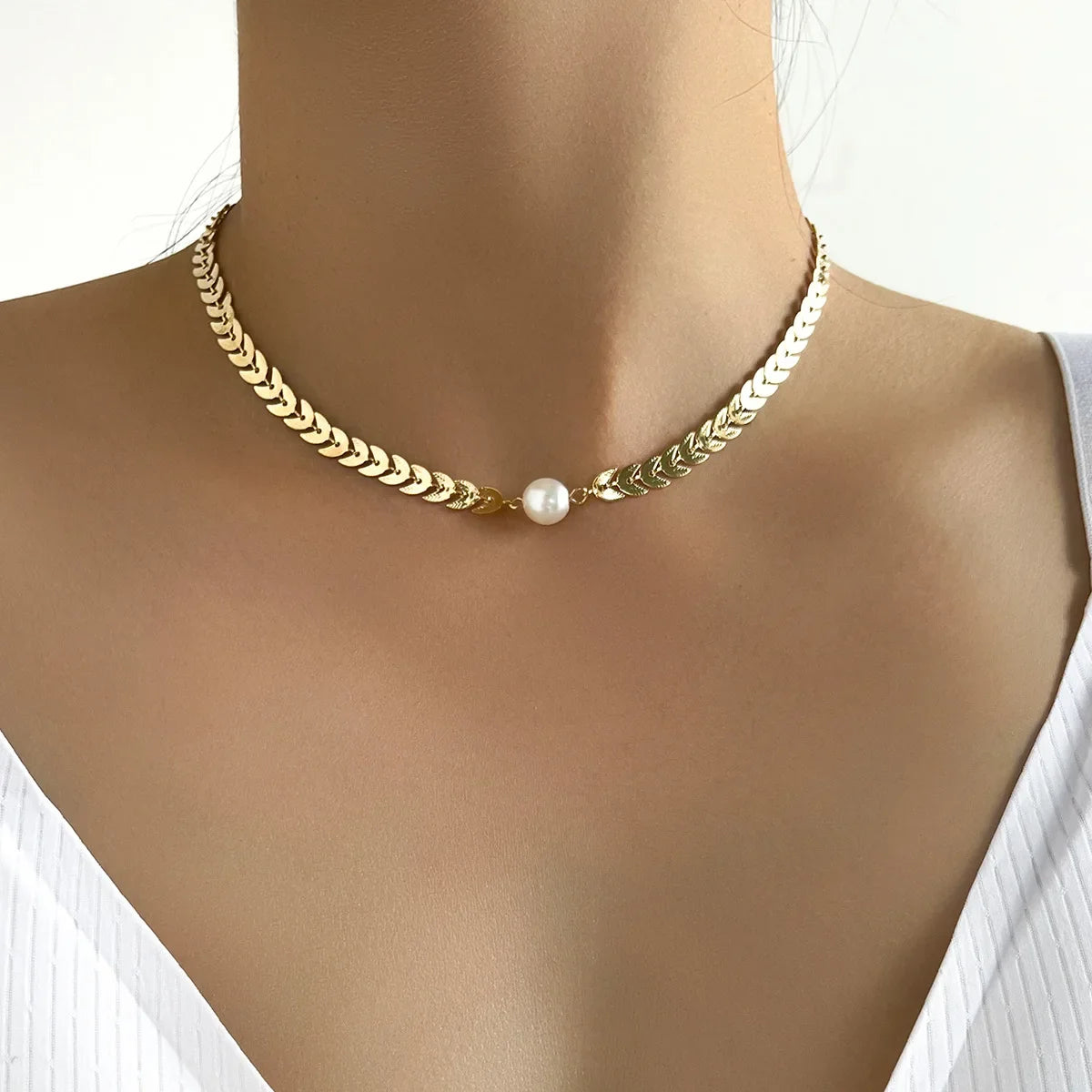 Gold Color New Beads Pearl Choker Necklace