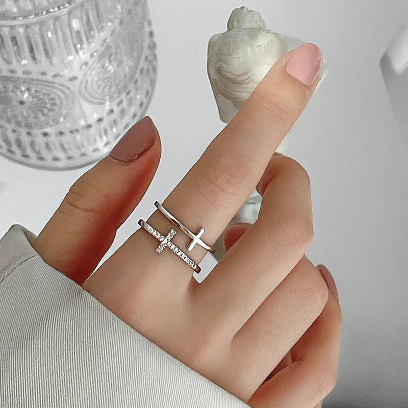Gold Silver Double Layer Cross Open Adjustable Finger Rings