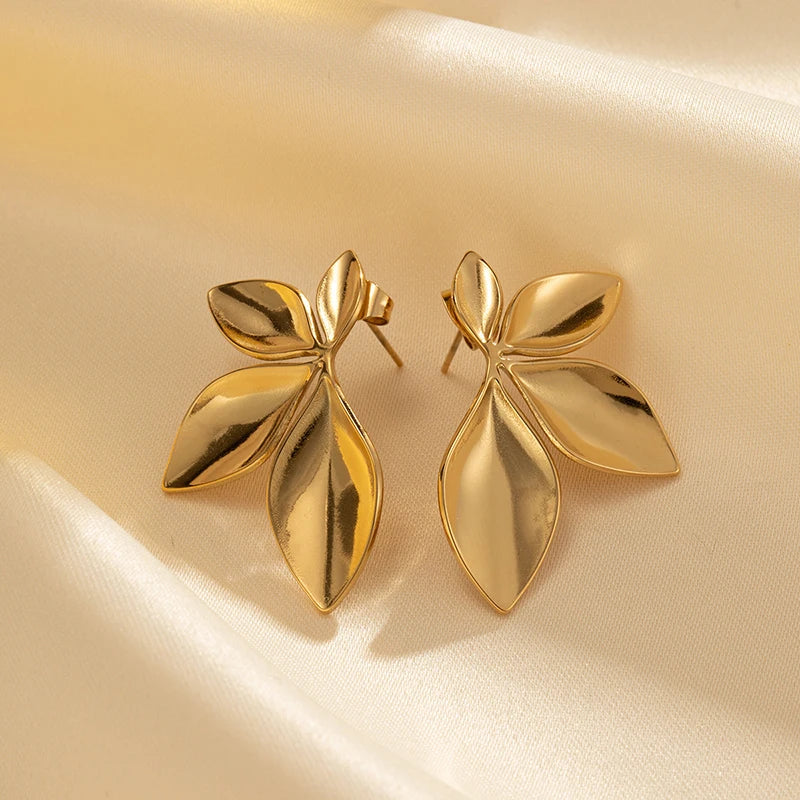 Stainless Steel Leaves Flower Stud Earrings