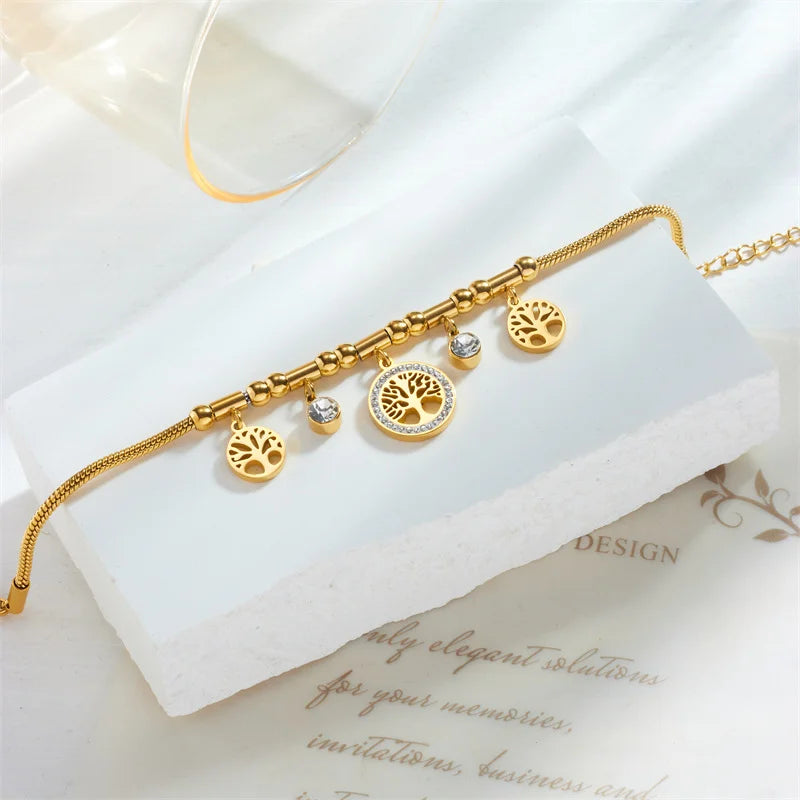 Elegant Gold Color Stainless Steel Tree of Life Charms Bracelet w/ Shiny Zircon Stone