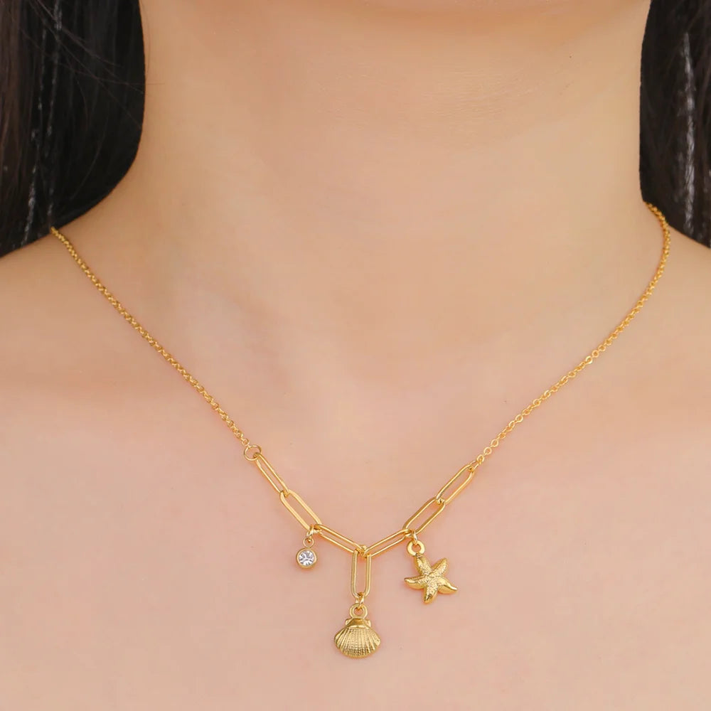 Stainless Steel Starfish Seashell Charms Bracelet