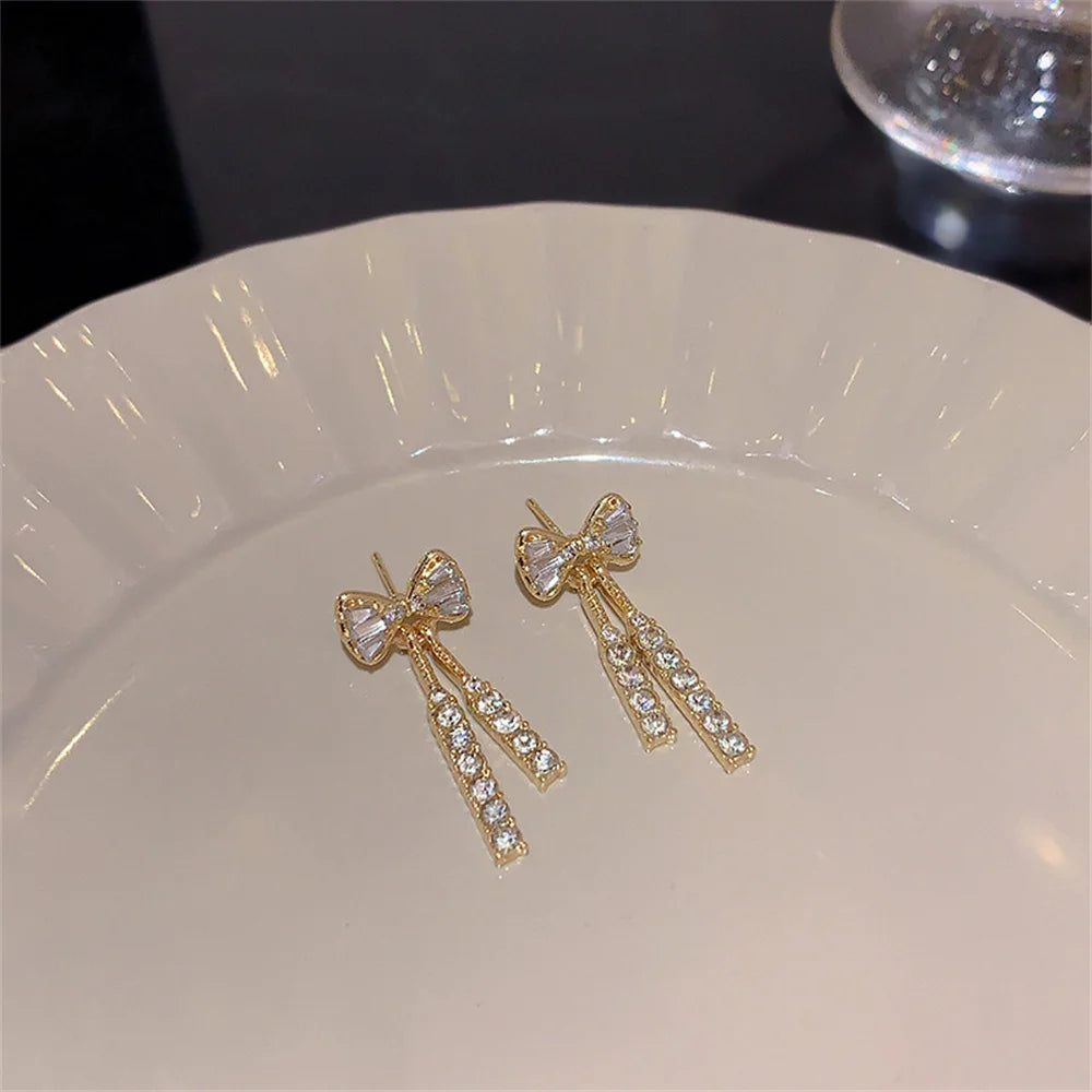 Fashion Zircon Bow Earrings Acrylic Crystal Tassel Earrings